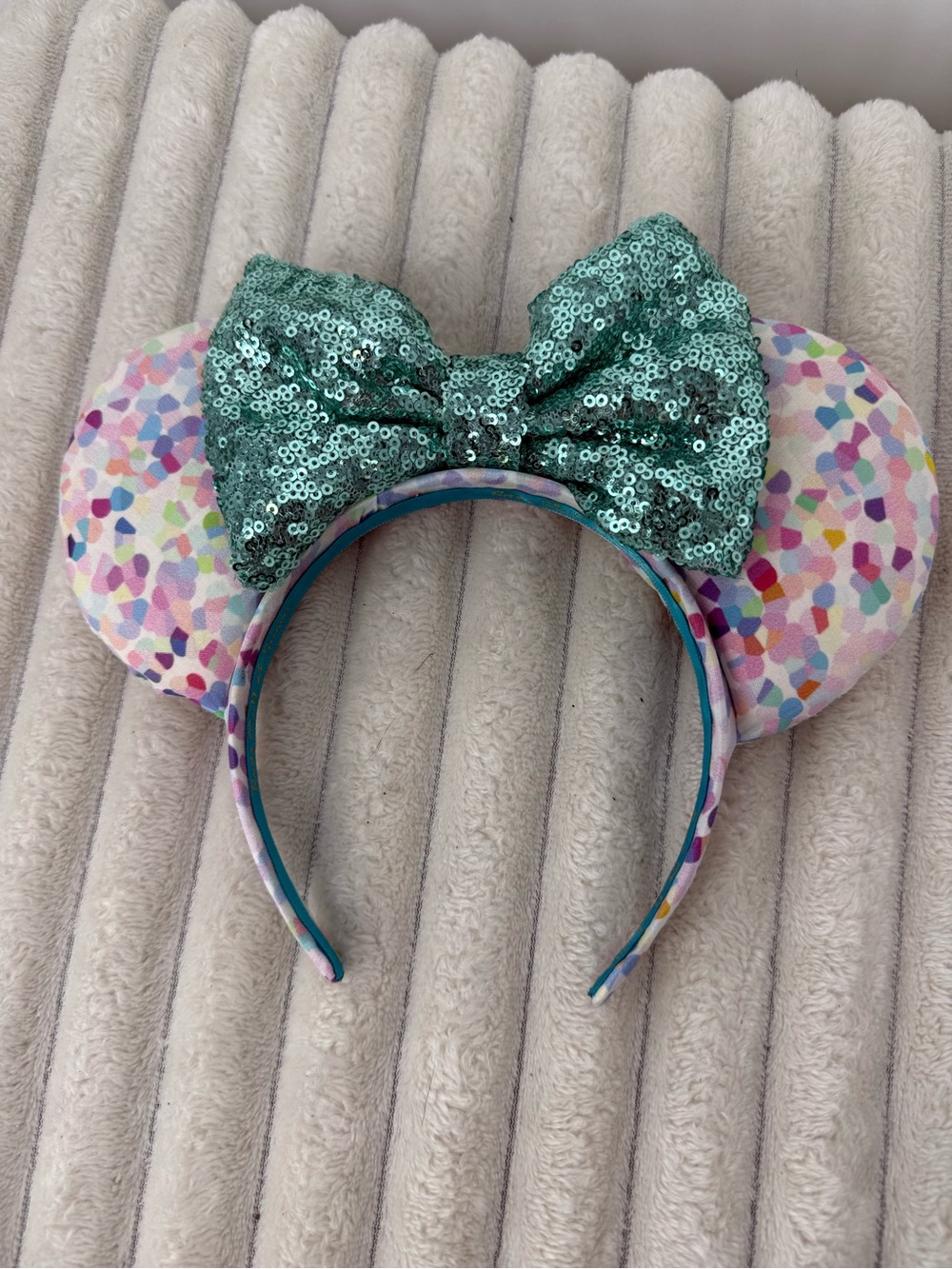 Handmade Sparkling Teal Sequin Bow Ear Headband for Kids